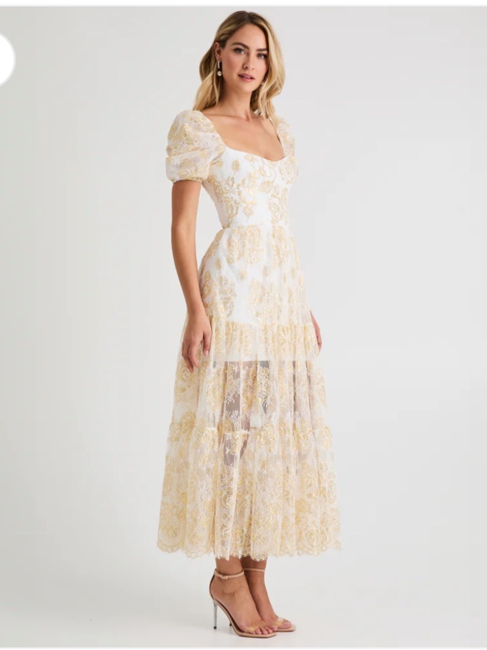 Anthropologie Helsi Ivory and Gold Lace Puff-Sleeve Maxi Dress - Picture 4 of 6
